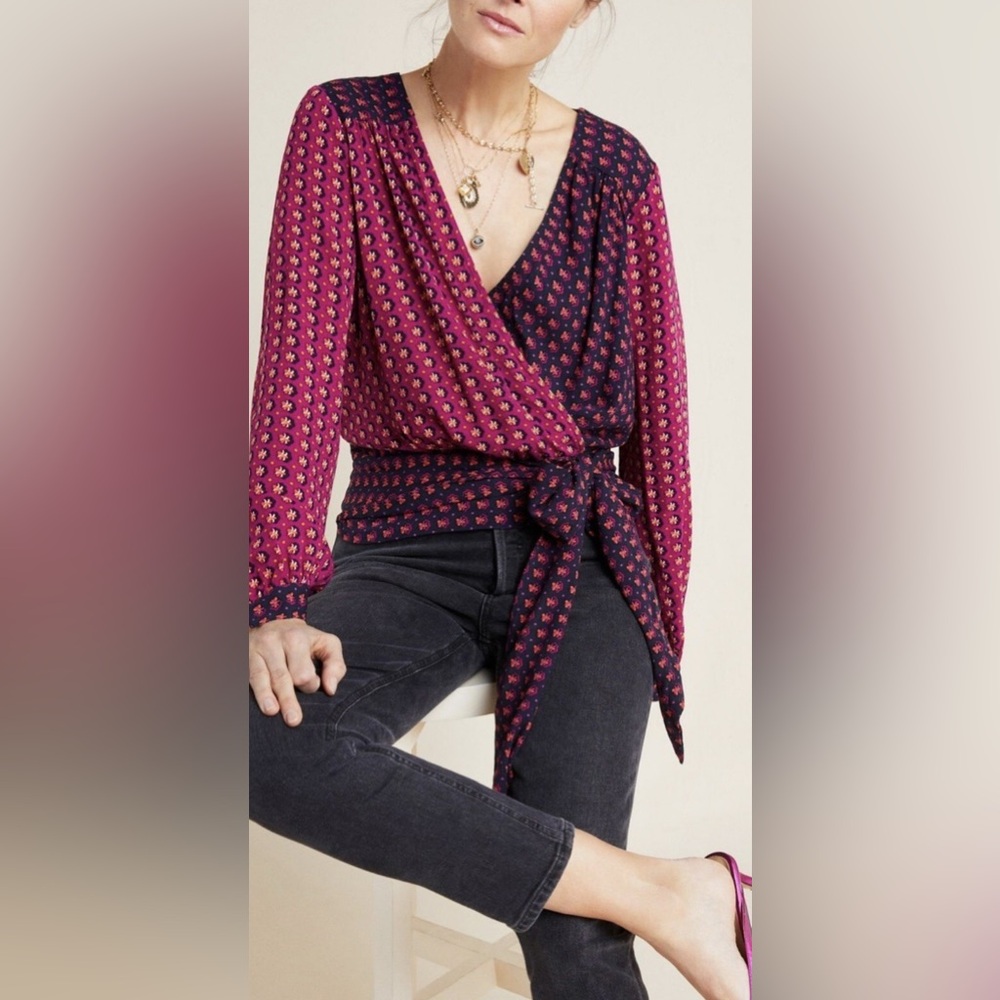 Anthropologie Maeve Women’s Lisa Puff Sleeve Faux Wrap Blouse Size 12